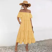 Women's Tiered Skirt Elegant Preppy Style Simple Style Boat Neck Short Sleeve Lattice Maxi Long Dress Class Office Daily main image 2