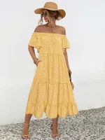 Women's Tiered Skirt Elegant Preppy Style Simple Style Boat Neck Short Sleeve Lattice Maxi Long Dress Class Office Daily sku image 2