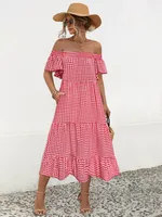 Women's Tiered Skirt Elegant Preppy Style Simple Style Boat Neck Short Sleeve Lattice Maxi Long Dress Class Office Daily sku image 8