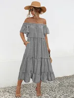 Women's Tiered Skirt Elegant Preppy Style Simple Style Boat Neck Short Sleeve Lattice Maxi Long Dress Class Office Daily sku image 11