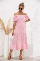 Women's Tiered Skirt Elegant Preppy Style Simple Style Boat Neck Short Sleeve Lattice Maxi Long Dress Class Office Daily sku image 15