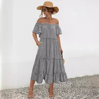 Women's Tiered Skirt Elegant Preppy Style Simple Style Boat Neck Short Sleeve Lattice Maxi Long Dress Class Office Daily main image 3