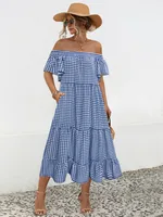 Women's Tiered Skirt Elegant Preppy Style Simple Style Boat Neck Short Sleeve Lattice Maxi Long Dress Class Office Daily sku image 18