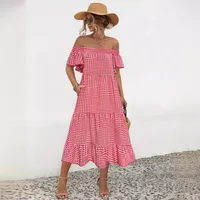 Women's Tiered Skirt Elegant Preppy Style Simple Style Boat Neck Short Sleeve Lattice Maxi Long Dress Class Office Daily main image 4
