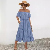 Women's Tiered Skirt Elegant Preppy Style Simple Style Boat Neck Short Sleeve Lattice Maxi Long Dress Class Office Daily main image 5