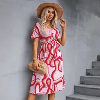 Women's Swing Dress Casual Elegant Basic V Neck Lace-Up Short Sleeve Printing Midi Dress Travel Daily Date main image 3