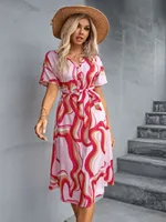 Women's Swing Dress Casual Elegant Basic V Neck Lace-Up Short Sleeve Printing Midi Dress Travel Daily Date sku image 1
