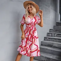 Women's Swing Dress Casual Elegant Basic V Neck Lace-Up Short Sleeve Printing Midi Dress Travel Daily Date main image 2