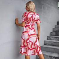 Women's Swing Dress Casual Elegant Basic V Neck Lace-Up Short Sleeve Printing Midi Dress Travel Daily Date main image 4