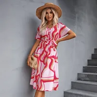Women's Swing Dress Casual Elegant Basic V Neck Lace-Up Short Sleeve Printing Midi Dress Travel Daily Date main image 5