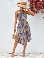 Women's Pencil Skirt Fresh And Sweet Fresh Wind Collarless Printing Sleeveless Printing Midi Dress Outdoor Travel Daily main image 2