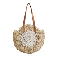 Women's Large Paper Color Block Vacation Weave Round Zipper Straw Bag sku image 1
