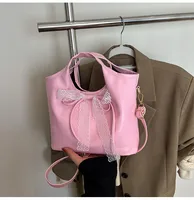Women's Large Pu Leather Solid Color Bow Knot Streetwear Lace Bucket Zipper Shoulder Bag sku image 2