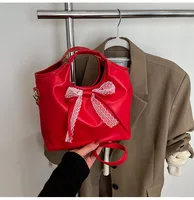 Women's Large Pu Leather Solid Color Bow Knot Streetwear Lace Bucket Zipper Shoulder Bag sku image 5