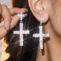 1 Pair Glam Luxurious Ethnic Style Cross Rhinestone Copper Drop Earrings sku image 3
