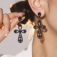 1 Pair Glam Luxurious Ethnic Style Cross Rhinestone Copper Drop Earrings sku image 11