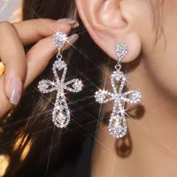 1 Pair Glam Luxurious Ethnic Style Cross Rhinestone Copper Drop Earrings sku image 12
