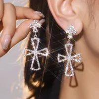 1 Pair Glam Luxurious Ethnic Style Cross Rhinestone Copper Drop Earrings sku image 10