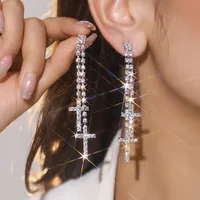 1 Pair Glam Luxurious Ethnic Style Cross Rhinestone Copper Drop Earrings sku image 2
