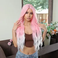 Women's Sweet White&Pink Cosplay High Temperature Wire Centre Parting Long Curly Hair Wigs main image 2