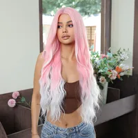 Women's Sweet White&Pink Cosplay High Temperature Wire Centre Parting Long Curly Hair Wigs main image 3
