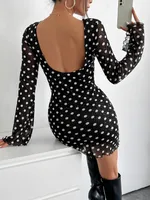 Women's Adults A- Line Skirt European And American Wind Streetwear Round Neck Pullovers Net Yarn Long Sleeve Polka Dots Above Knee Prom Date Tea Party sku image 2