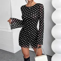 Women's Adults A- Line Skirt European And American Wind Streetwear Round Neck Pullovers Net Yarn Long Sleeve Polka Dots Above Knee Prom Date Tea Party main image 2