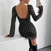 Women's Adults A- Line Skirt European And American Wind Streetwear Round Neck Pullovers Net Yarn Long Sleeve Polka Dots Above Knee Prom Date Tea Party main image 3