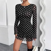 Women's Adults A- Line Skirt European And American Wind Streetwear Round Neck Pullovers Net Yarn Long Sleeve Polka Dots Above Knee Prom Date Tea Party main image 5
