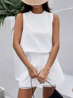 Elegant Backless Embroidery Vest Shorts Set Women's White Solid Color Burning Flower Pattern Fashion Summer Clothing sku image 4