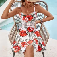 Women's Adults Umbrella Skirt Elegant Style Temperament Commuter Sling Style Spaghetti Strap Lace Short Sleeve Flower Print Knee-Length Casual Weekend Beach main image 2