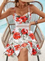 Women's Adults Umbrella Skirt Elegant Style Temperament Commuter Sling Style Spaghetti Strap Lace Short Sleeve Flower Print Knee-Length Casual Weekend Beach sku image 3