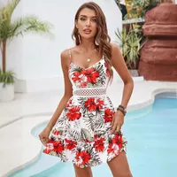 Women's Adults Umbrella Skirt Elegant Style Temperament Commuter Sling Style Spaghetti Strap Lace Short Sleeve Flower Print Knee-Length Casual Weekend Beach main image 4