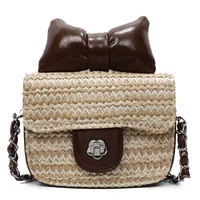 Women's Straw Bow Knot Elegant Cute Square Lock Clasp Crossbody Bag sku image 2