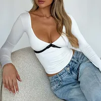 Women's Wrap Crop Top Long Sleeve T-Shirts Casual Sexy Color Block main image 3