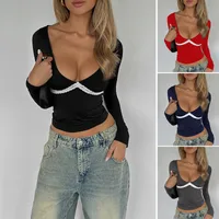 Women's Wrap Crop Top Long Sleeve T-Shirts Casual Sexy Color Block main image 1
