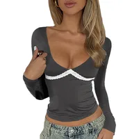 Women's Wrap Crop Top Long Sleeve T-Shirts Casual Sexy Color Block main image 4