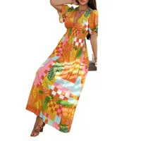 Women's A- Line Skirt Vintage Style V Neck Contrast Binding Short Sleeve Printing Maxi Long Dress Holiday Daily Selfie main image 5