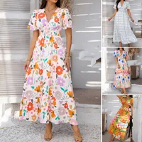 Women's A- Line Skirt Vintage Style V Neck Contrast Binding Short Sleeve Printing Maxi Long Dress Holiday Daily Selfie main image 1