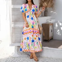 Women's A- Line Skirt Vintage Style V Neck Contrast Binding Short Sleeve Printing Maxi Long Dress Holiday Daily Selfie main image 2