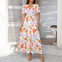 Women's A- Line Skirt Vintage Style V Neck Contrast Binding Short Sleeve Printing Maxi Long Dress Holiday Daily Selfie main image 4