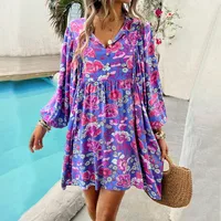 Women's Floral Dress Vintage Style Bohemian V Neck Long Sleeve Flower Above Knee Holiday Daily sku image 5