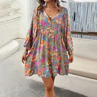 Women's Floral Dress Vintage Style Bohemian V Neck Long Sleeve Flower Above Knee Holiday Daily sku image 11