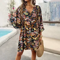 Women's Floral Dress Vintage Style Bohemian V Neck Long Sleeve Flower Above Knee Holiday Daily sku image 15