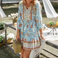 Women's Floral Dress Pastoral V Neck Contrast Binding 3/4 Length Sleeve Flower Above Knee Daily main image 4