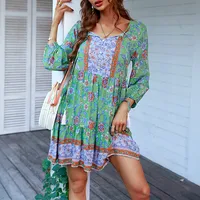 Women's Floral Dress Pastoral V Neck Contrast Binding 3/4 Length Sleeve Flower Above Knee Daily sku image 16