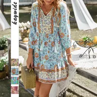 Women's Floral Dress Pastoral V Neck Contrast Binding 3/4 Length Sleeve Flower Above Knee Daily main image 1