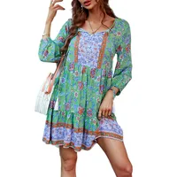 Women's Floral Dress Pastoral V Neck Contrast Binding 3/4 Length Sleeve Flower Above Knee Daily main image 3