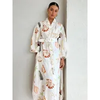Women's Sheath Dress Elegant Vacation V Neck Belt Long Sleeve Starfish Conch Shell Maxi Long Dress Holiday Daily main image 1