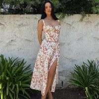 Women's Adults Lotus Leaf Skirt Princess Wind Fresh And Sweet Boat Neck Pullovers High Quality, Fishbone, Lining, Sling, Slit, Flounced Skirt Sleeveless Plant Flowers Midi Dress Casual Date Lawn main image 1